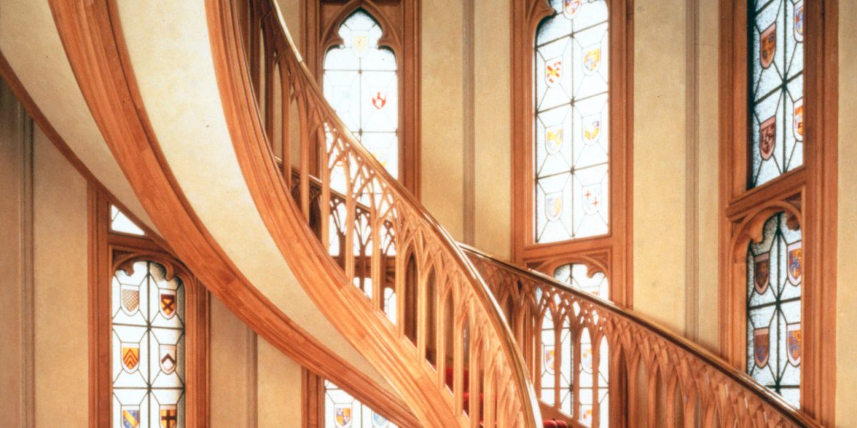 Curved Staircase - Stained Glass Windows